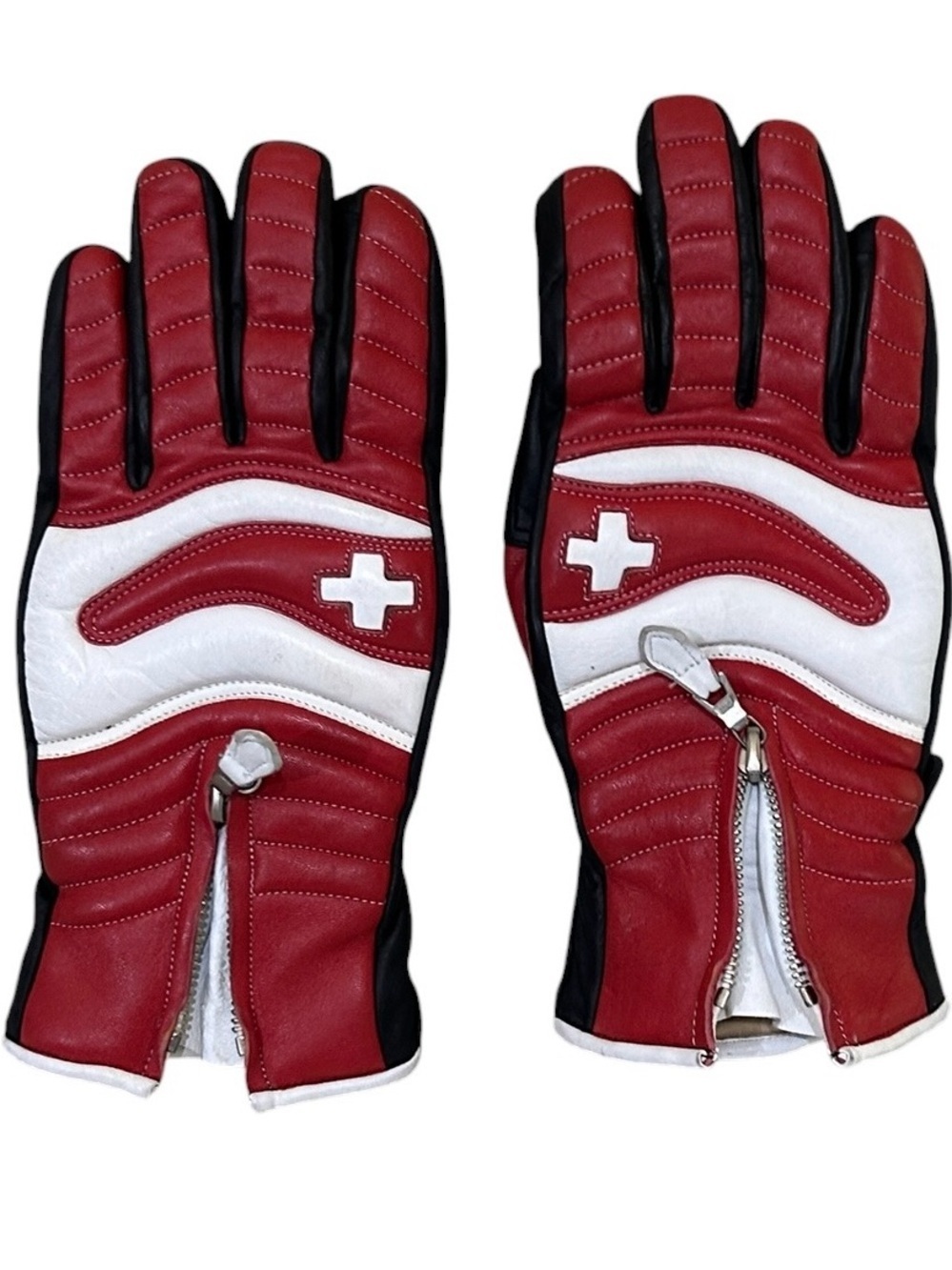 Al Sport Red black White Leather moto sporty Gloves Swiss Cross Detail zip sz 7